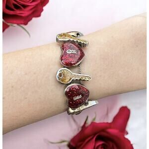 Red Sparkle Hearts & Gold Keys Padlock Slider Charm Sliding Bracelet Vintage